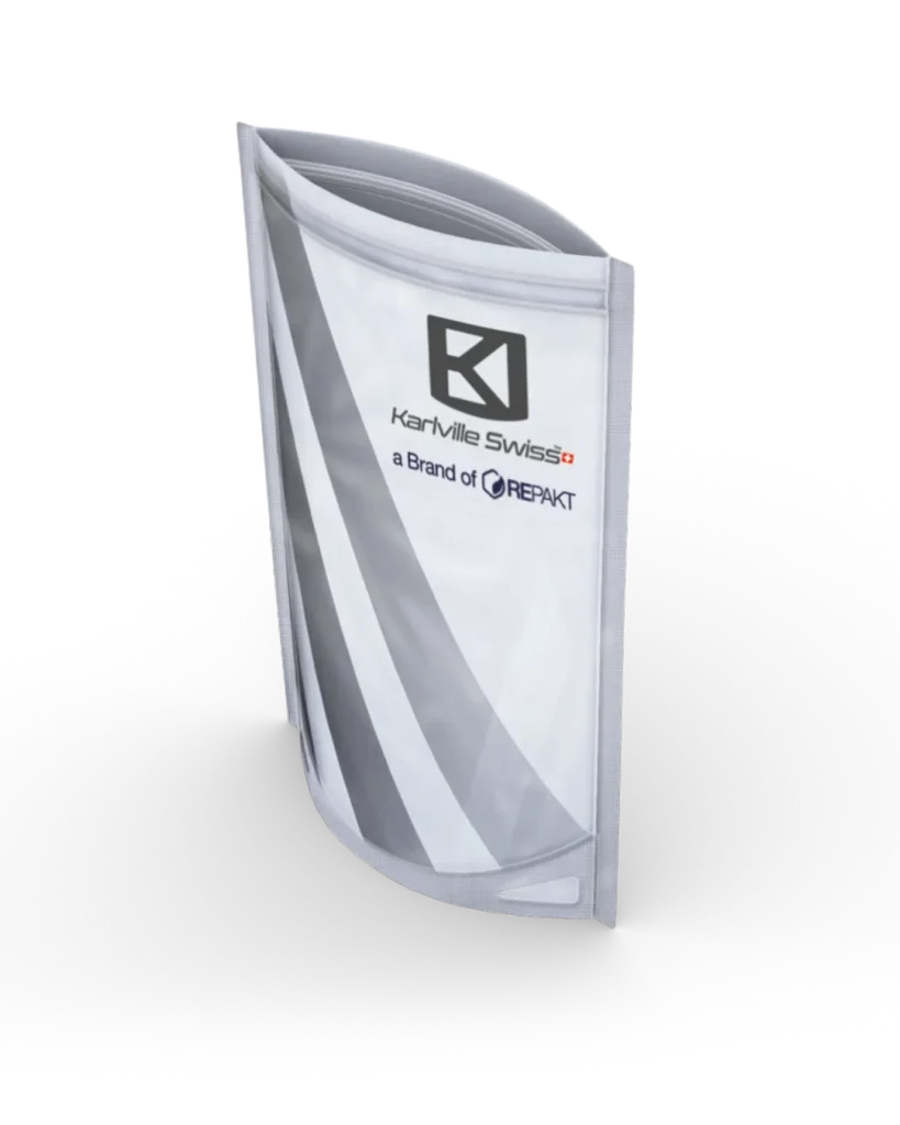stan up pouch with karlville swiss logo